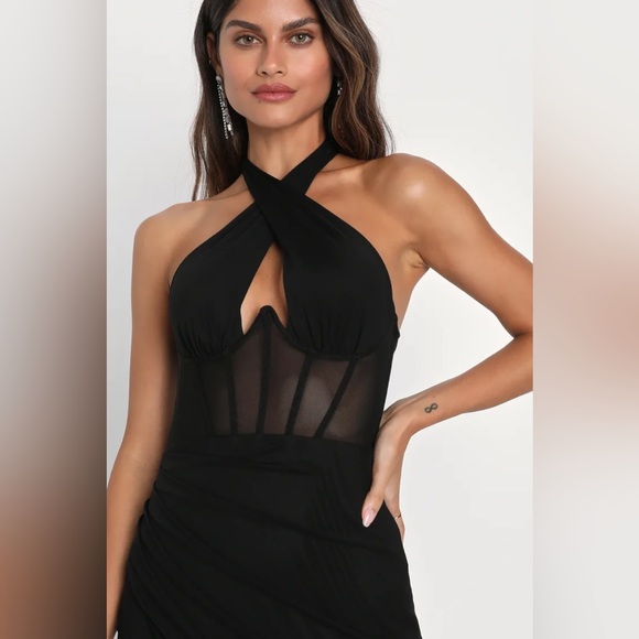 Never-Ending Glamour Black Mesh Cross-Front Halter Maxi Dress - Picture 3 of 4